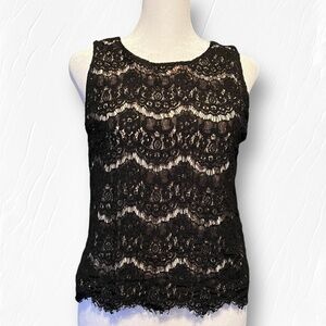 Monteau Black Lace Sleeveless Tank Nude Lining Scalloped Hem Sz M